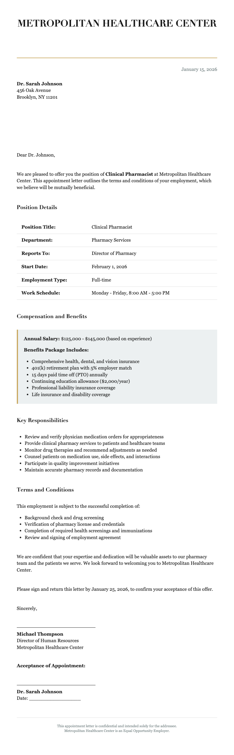 Editorial magazine pharmacist appointment letter